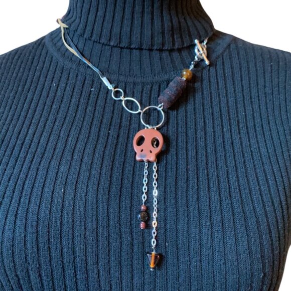 3x35$ 💀 CREATION - Skull short necklace ruban beads - brown black - Picture 1 of 9